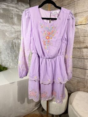 Emily Wonder Lavender Embroidered Tiered Mini Dress NWT